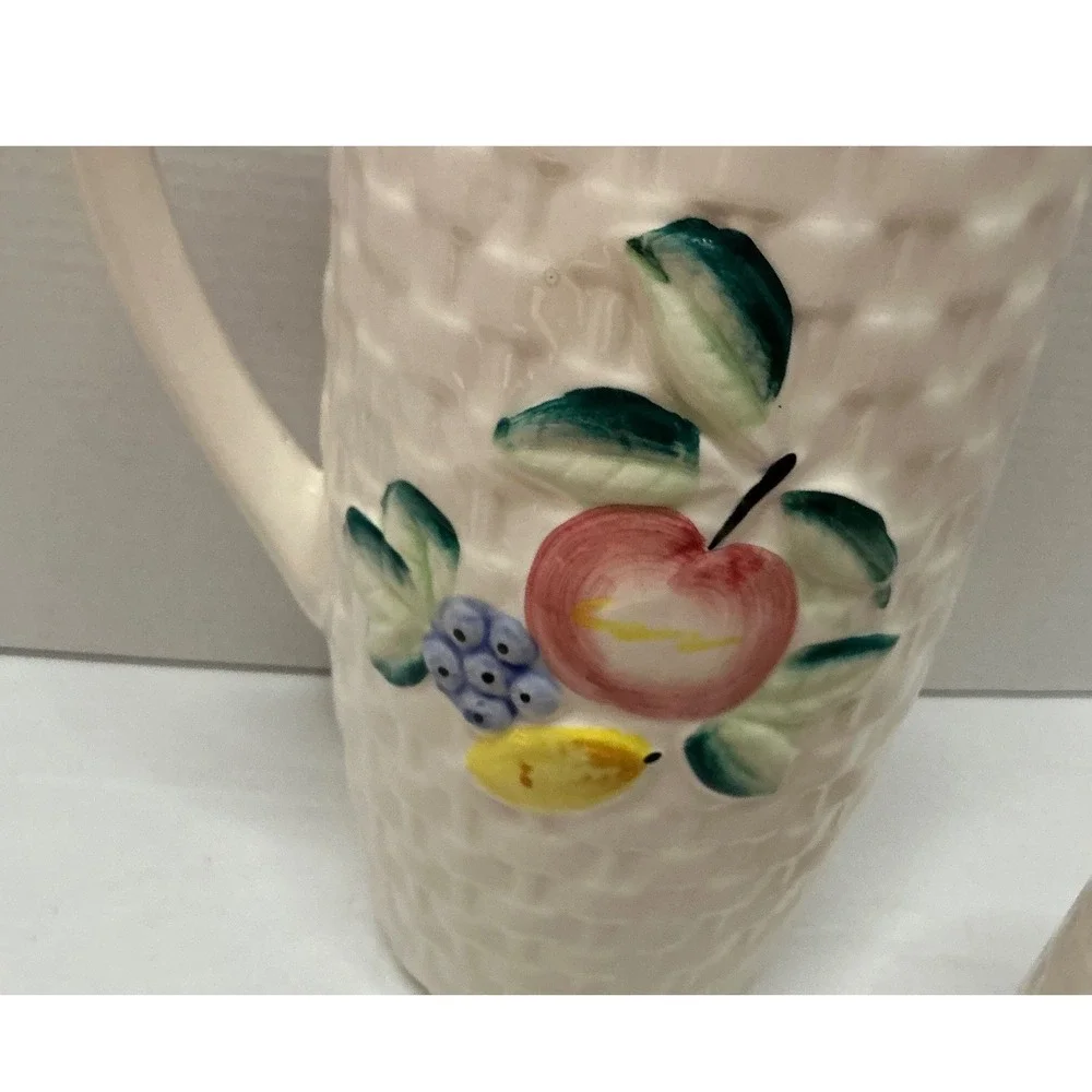 Vintage‎ Pitcher and 5 Cup Set Fruit Basketweave Ceramic Tropical Cream